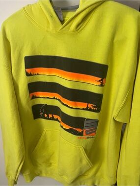 Safety Gear Neon Yellow Hoodie with Sunset Stripe Graphic sweatshirt with hood.